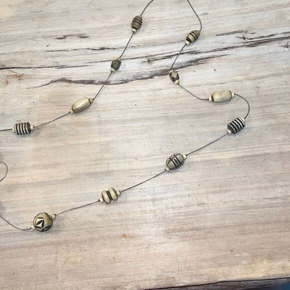Wood bead necklace woman’s 36” carved beads spaced with chain bohemian core - Picture 1 of 6